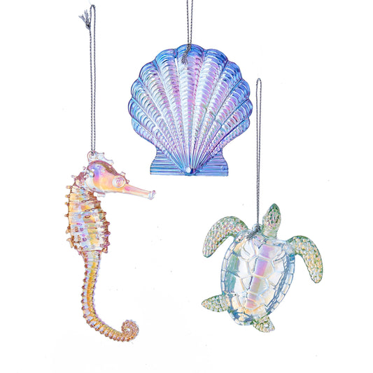 Seashell, turtle and seahorse iridescent ornaments