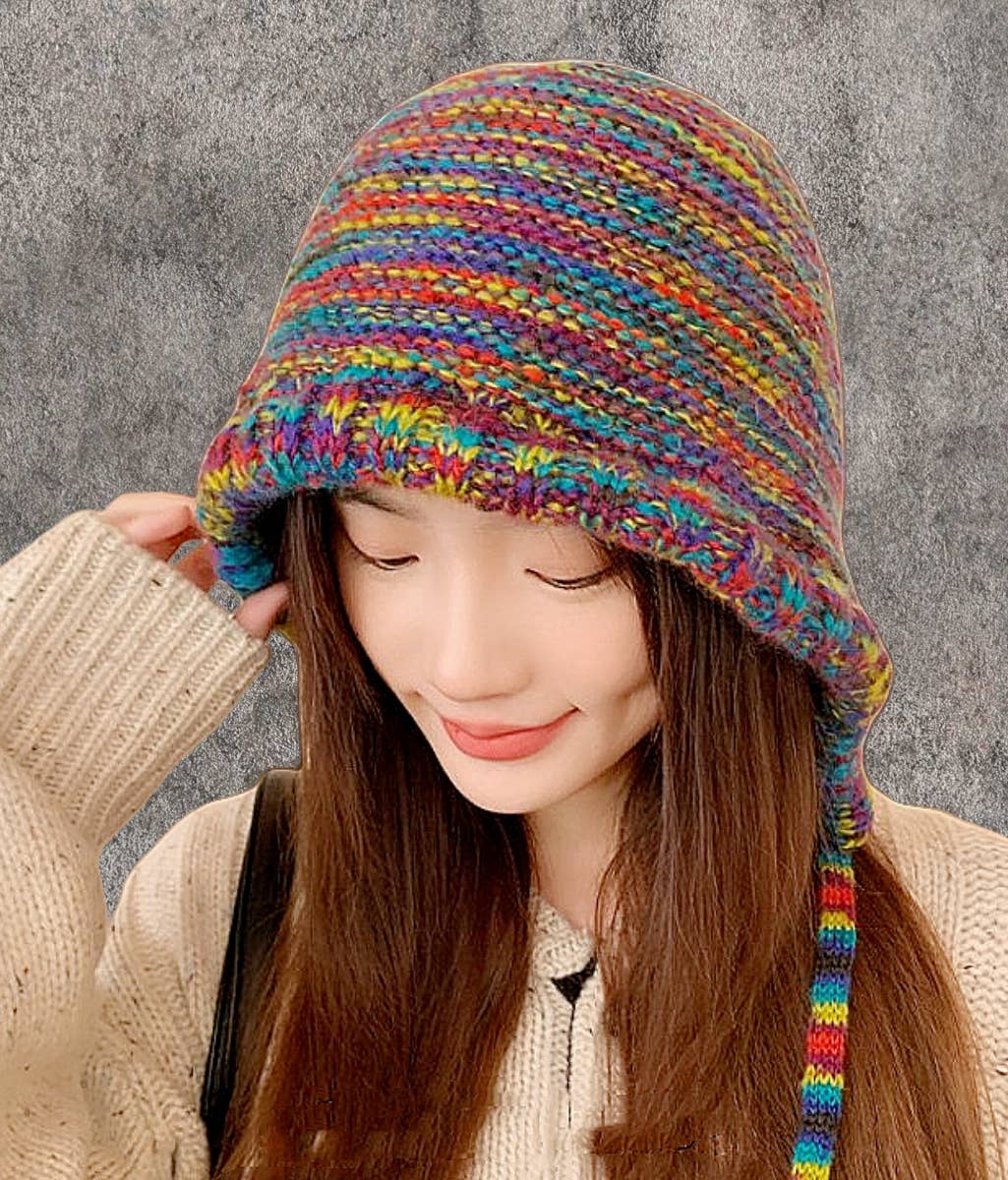 Rainbow-Colored Knitted Hat with Side Tie Straps