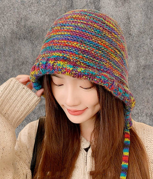 Rainbow-Colored Knitted Hat with Side Tie Straps