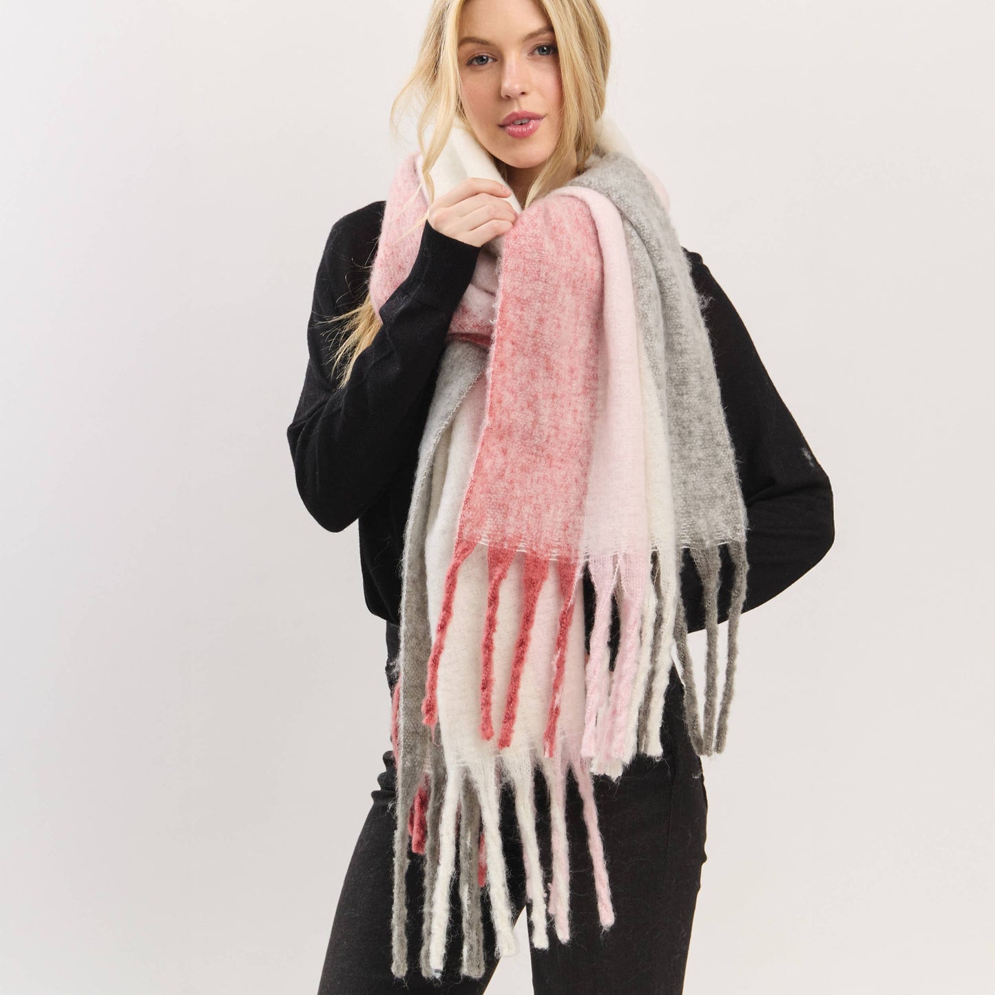 Solid Brushed Color Stripe Block Fringe Scarf
