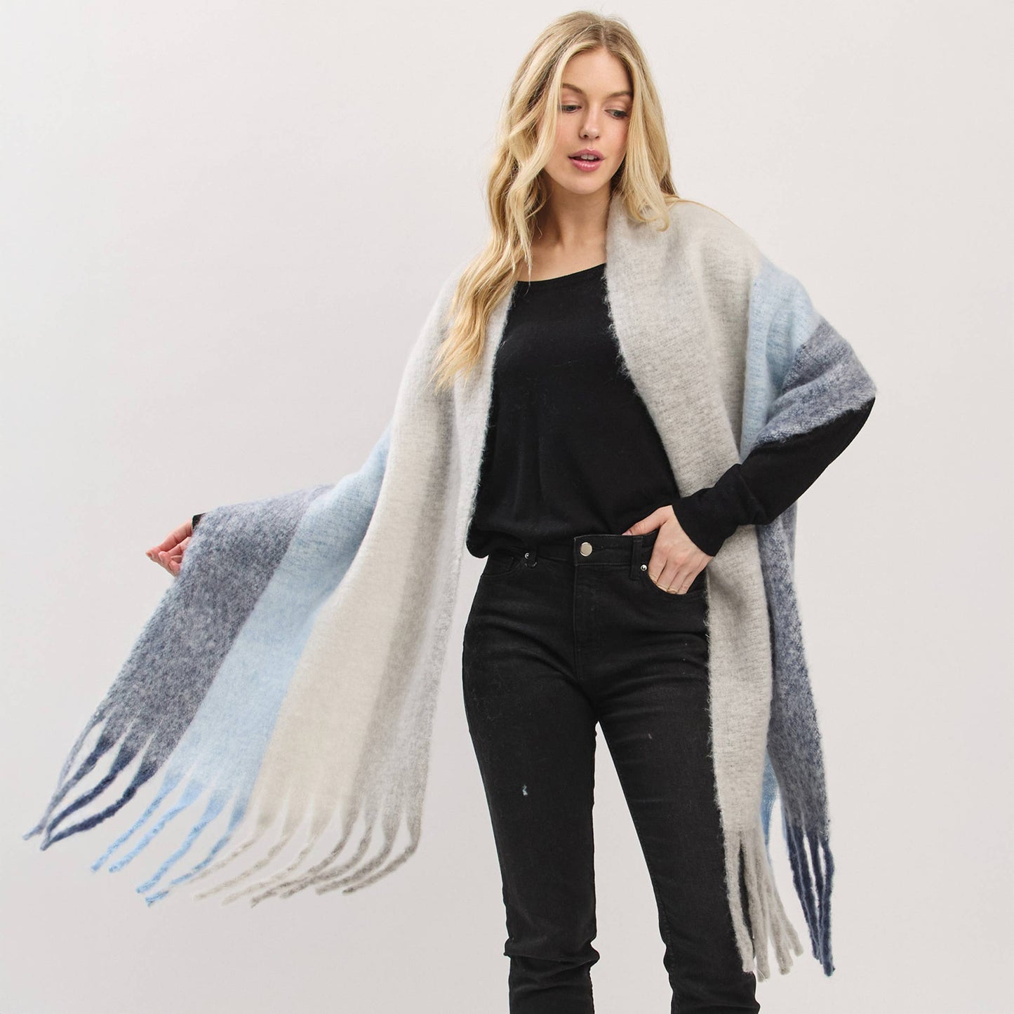Solid Brushed Color Stripe Block Fringe Scarf