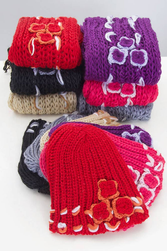 Flowers Knit Beanie Hat and Scarf Set