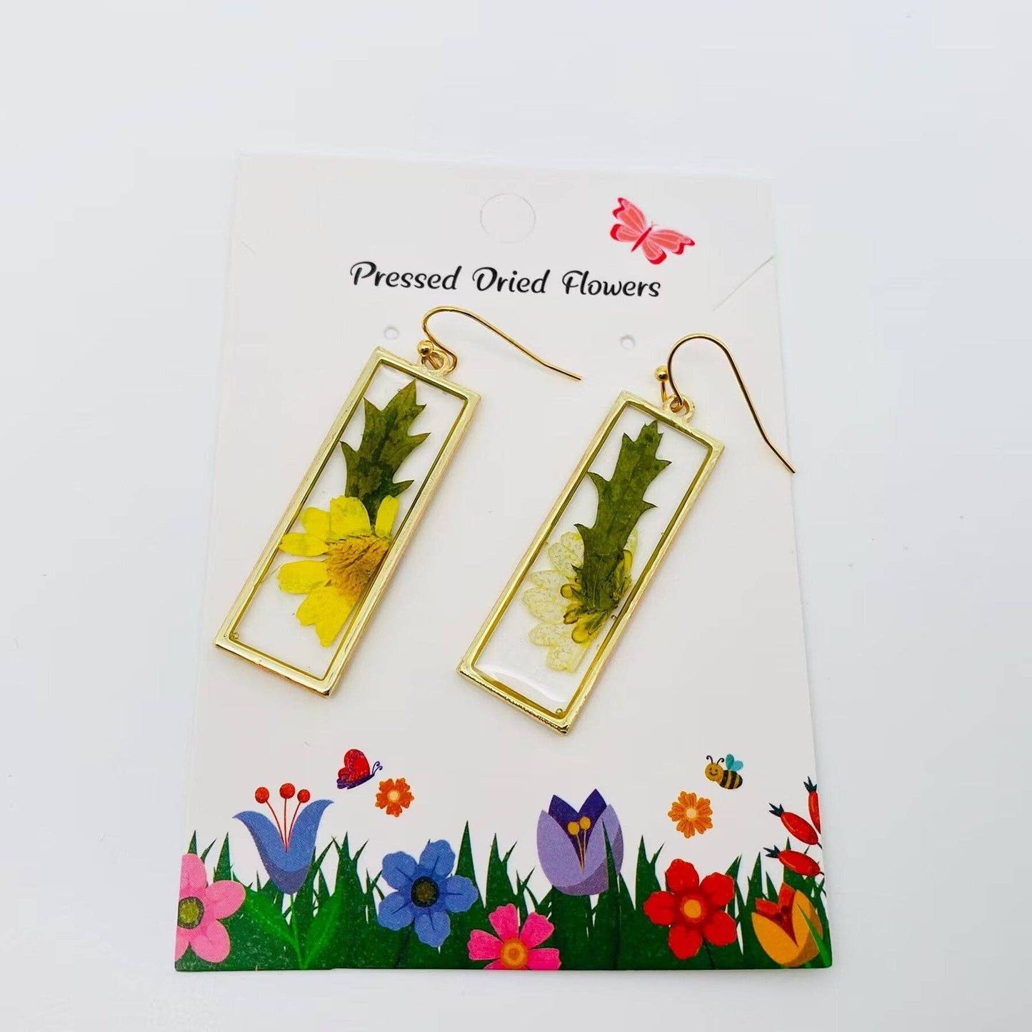 Yellow Chrysanthemum & Fern Dried Plant Earrings