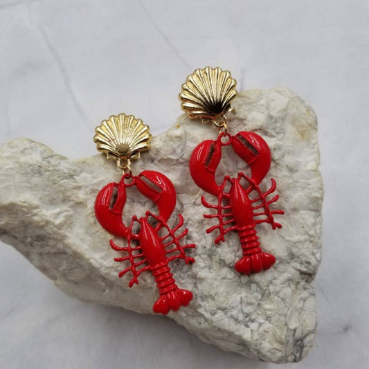 Gold Plated Shell Red Lobster Earrings
