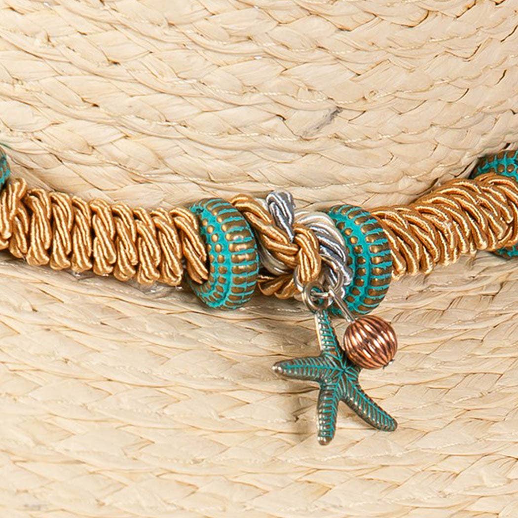 Frayed straw hat with braided starfish