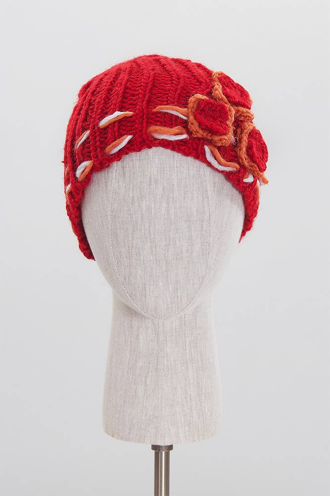Flowers Knit Beanie Hat and Scarf Set