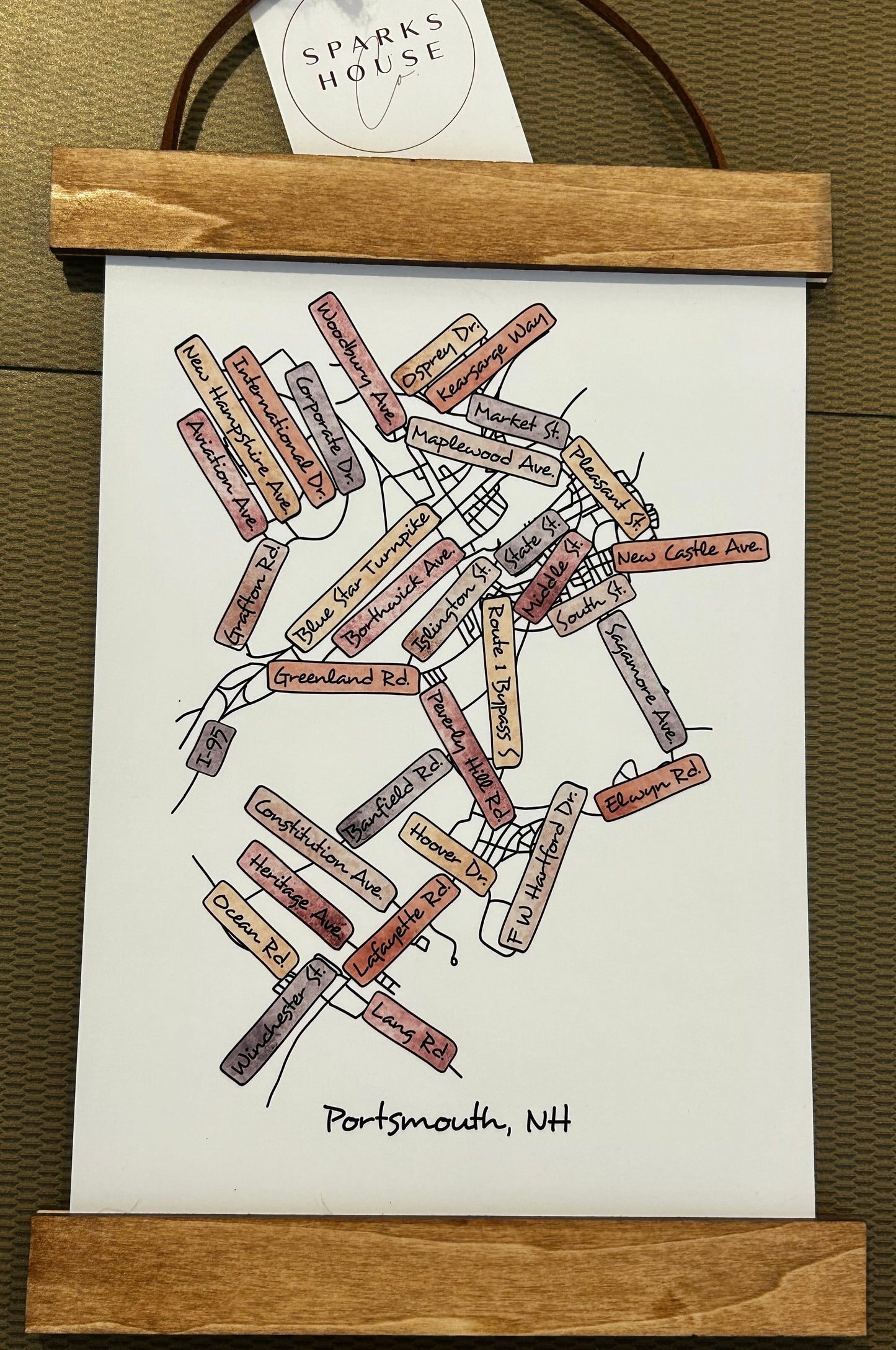 Portsmouth, NH Street Map with Wooden Print Hanger 5X7