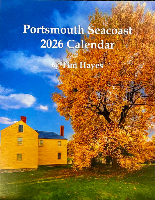 Calendar cover with a tree and house in autumn, titled 'Portsmouth Seacoast 2026 Calendar by Tim Hayes'.