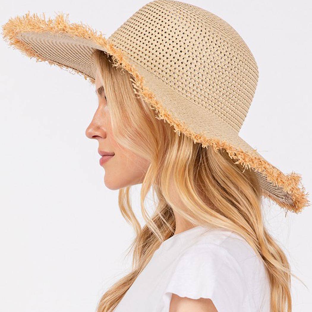 Frayed edge floppy straw hat