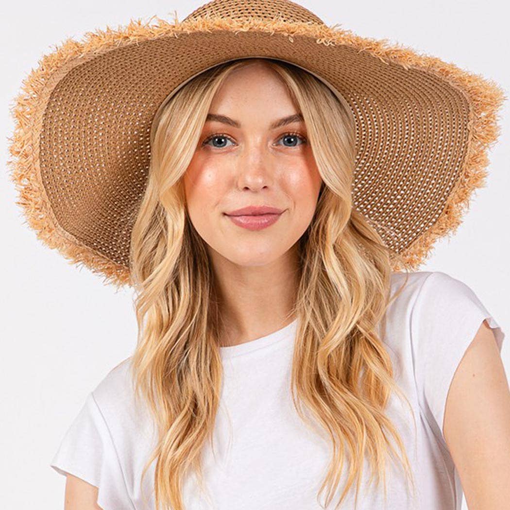 Frayed edge floppy straw hat