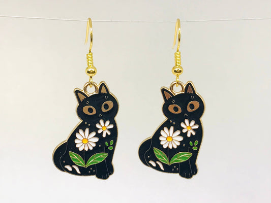 Flower Cat Earrings, Cute Cat In The bush Jewelry