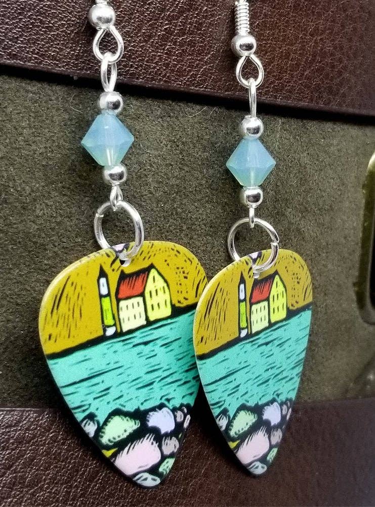 Lighthouse Over the Water Illustrated Guitar Pick Earrings