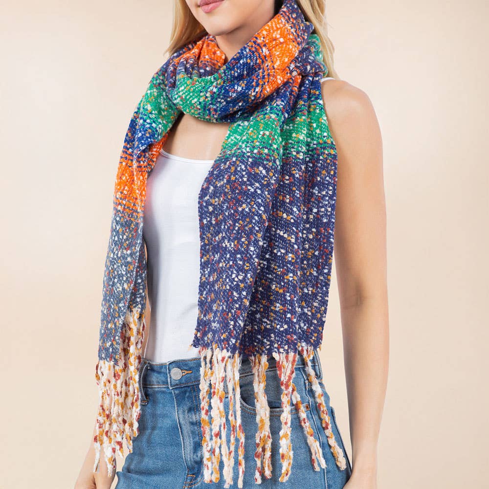 Oversized Cozy Fringed Hem Textured Woven Color Block Scarf