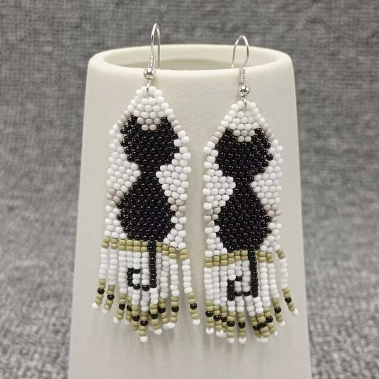 Black Cat Kitten Seed Beads Fringe Earrings