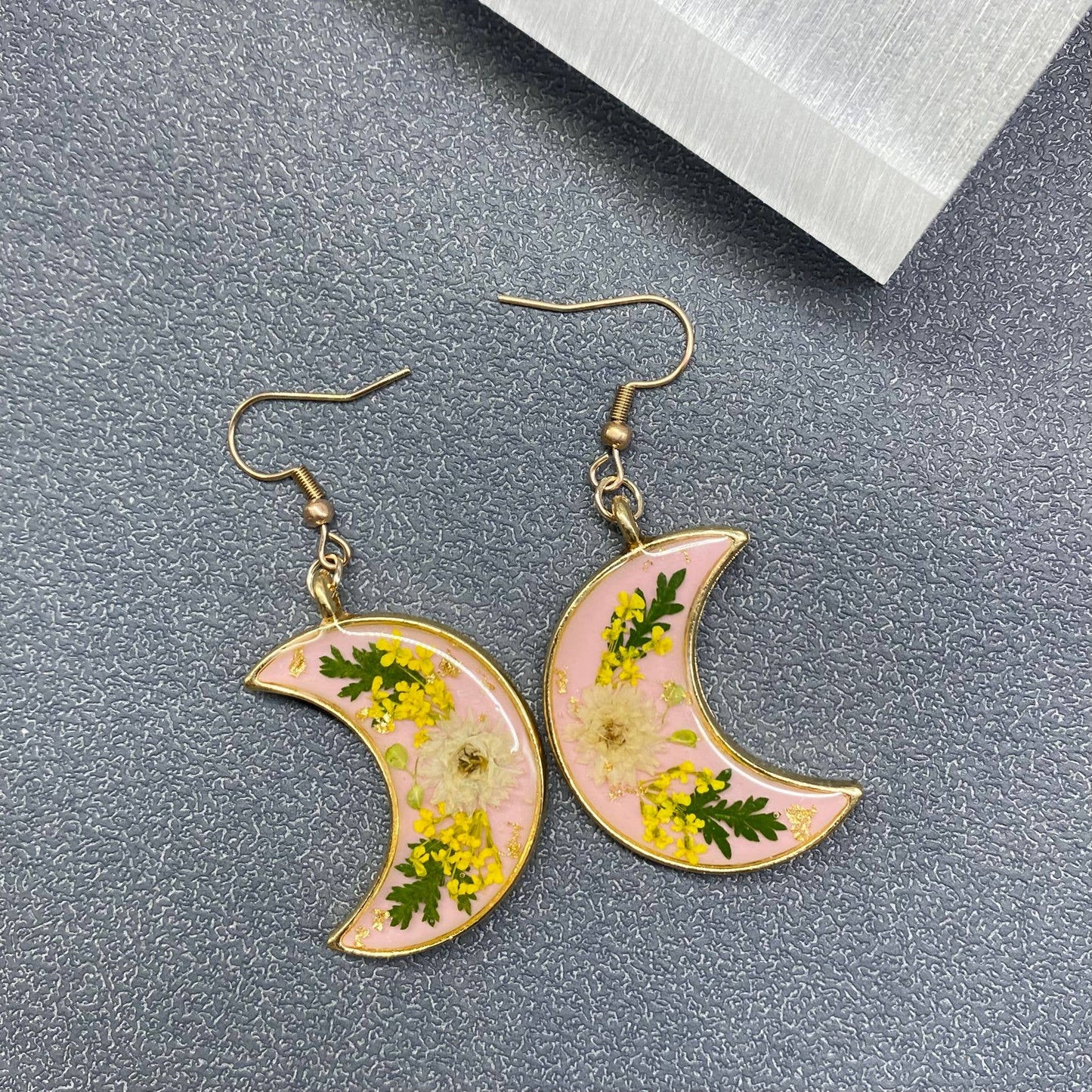 Pressed Dried Flowers Floral Moon Dangle Earrings