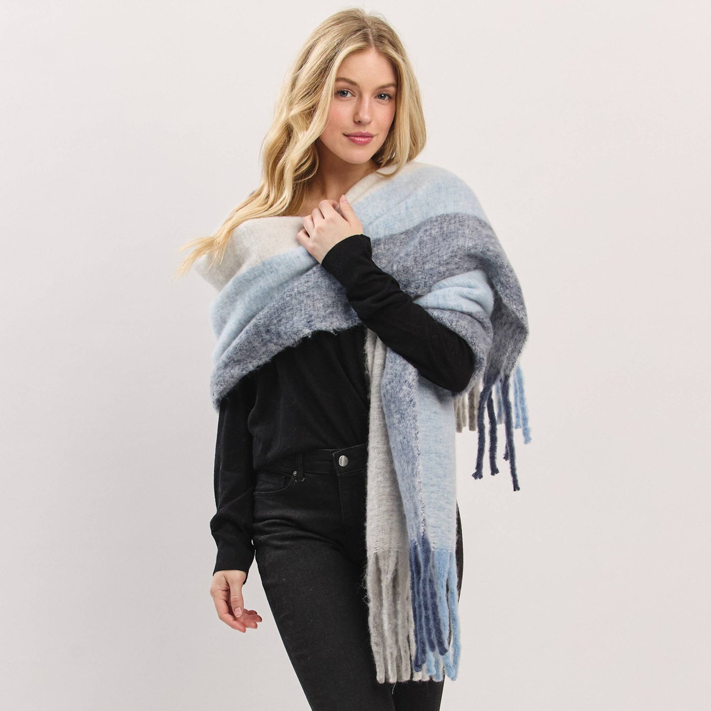 Solid Brushed Color Stripe Block Fringe Scarf