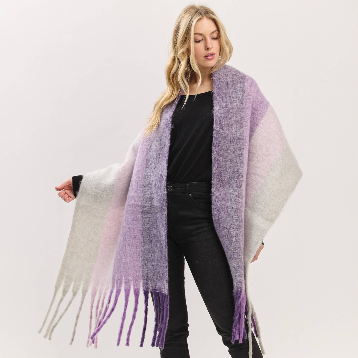 Solid Brushed Color Stripe Block Fringe Scarf