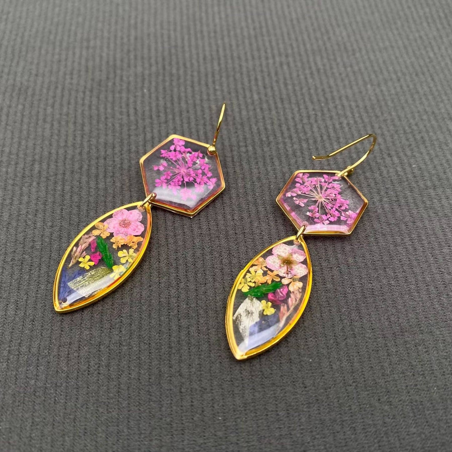 Dried Flowers Floral Geometric 18K Golden SS Earrings