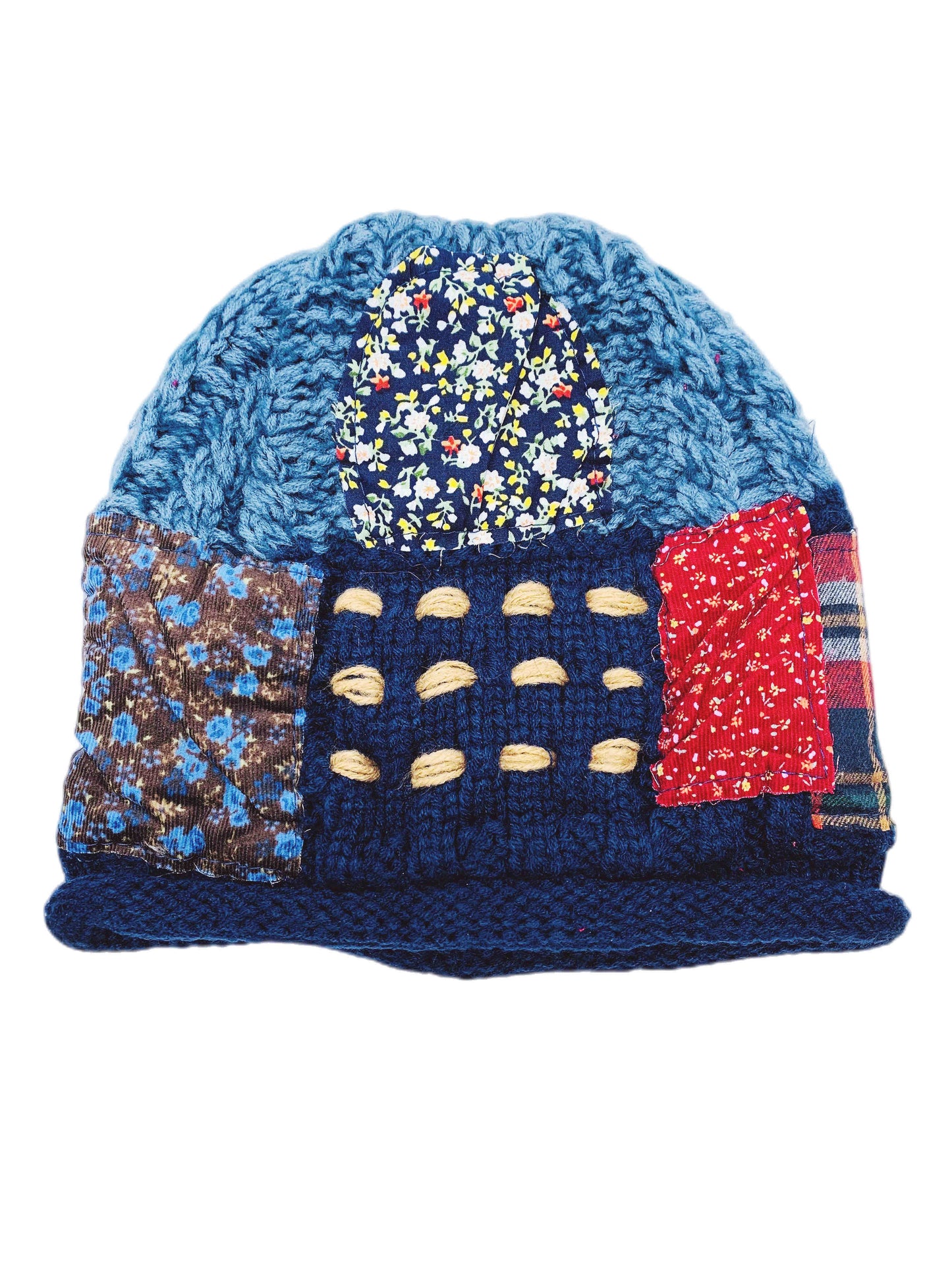 Reversible Handcrafted Patchwork Knit Hat with Plush Lining