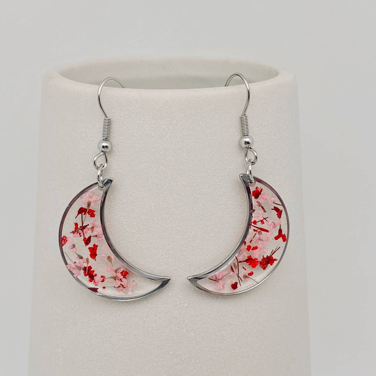 Floral Crescent Moon Pendant Dangle Earrings