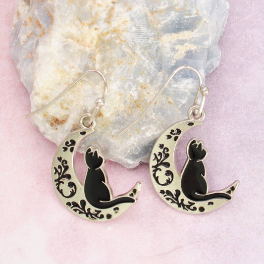 Feline Dreams Silver Moon Black Cat Earrings