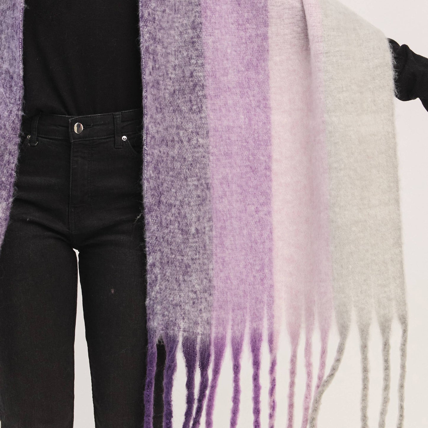 Solid Brushed Color Stripe Block Fringe Scarf