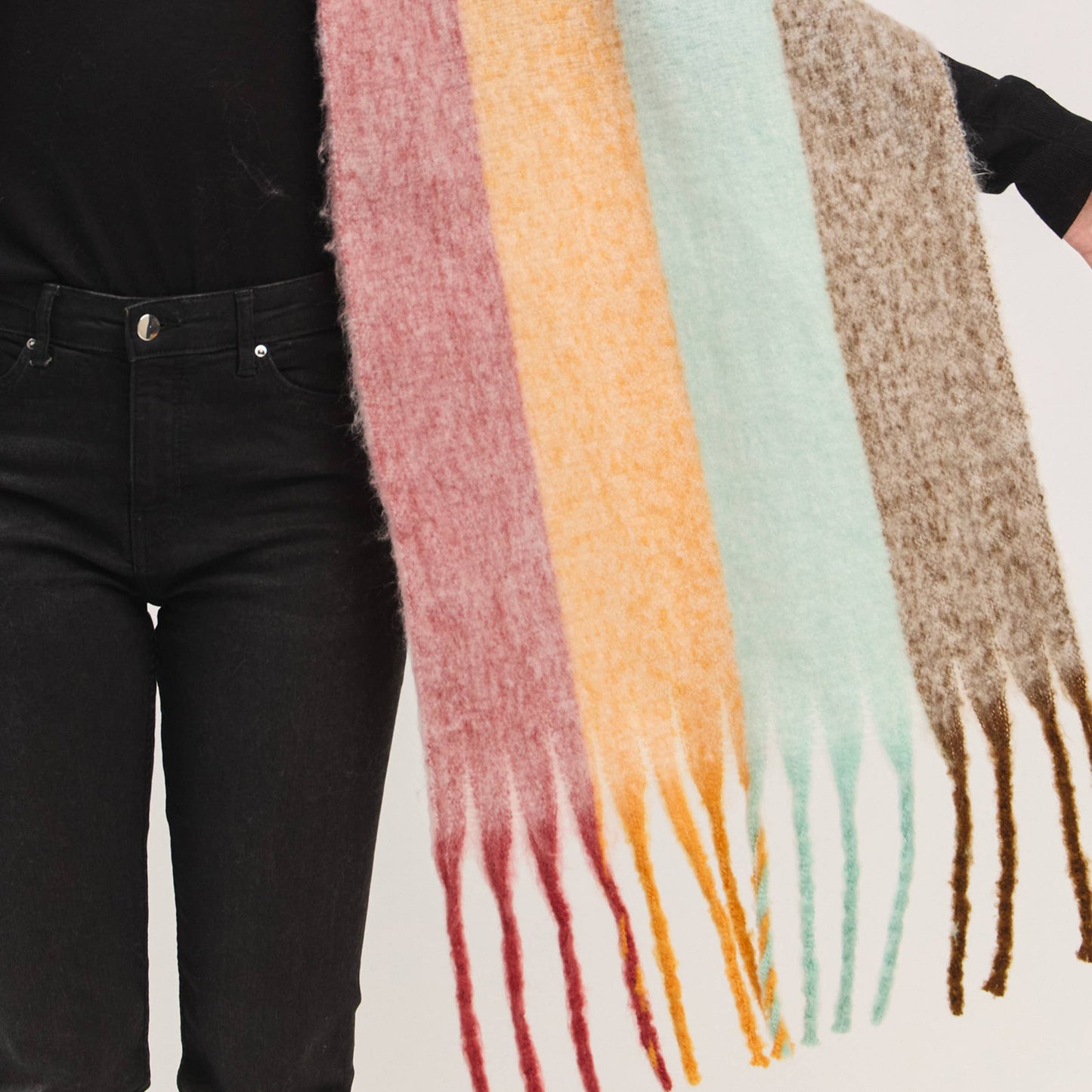 Solid Brushed Color Stripe Block Fringe Scarf