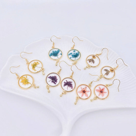 Pressed Flower Dried Flower Round Pendant Earrings