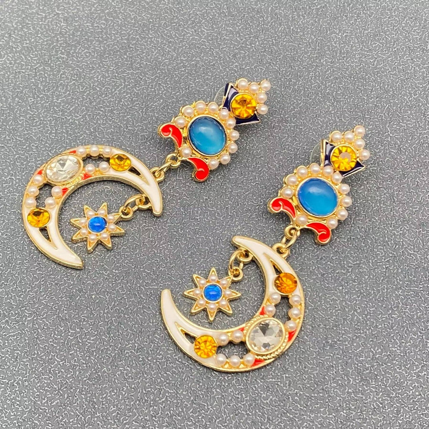Vintage Rhinestone Enamel Star Moon Dangle Earrings