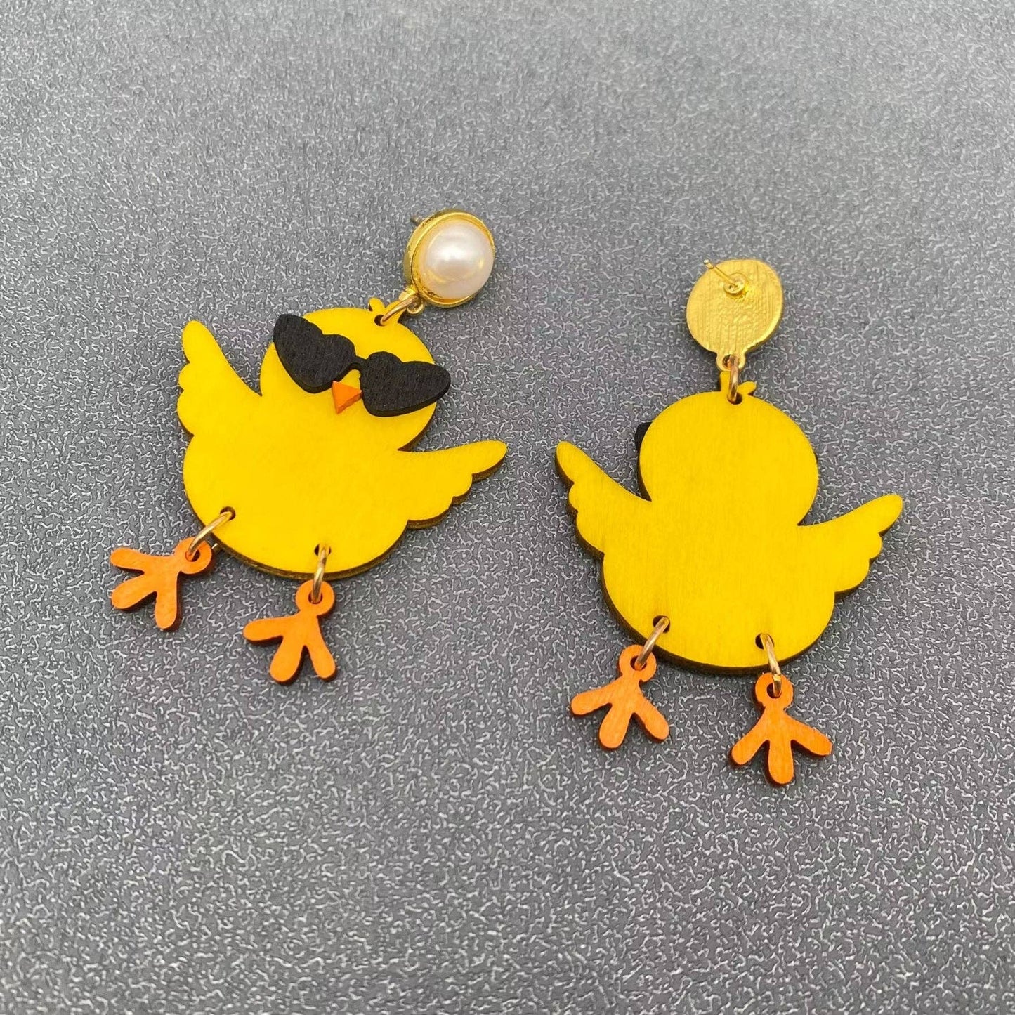 Wooden Yellow Duck Wearing Glasses Dangle Earrings