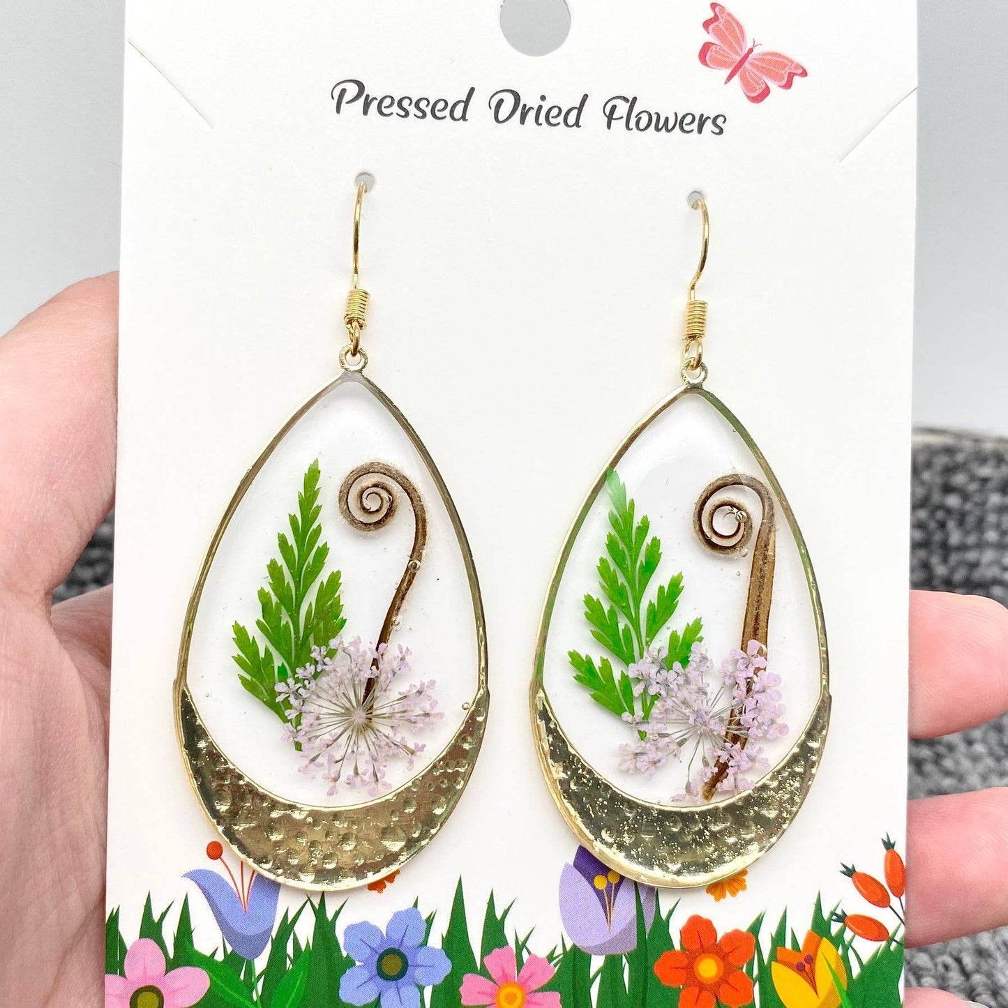 Queen Anne's Lace & Ferns Dried Flowers Drop Earrings