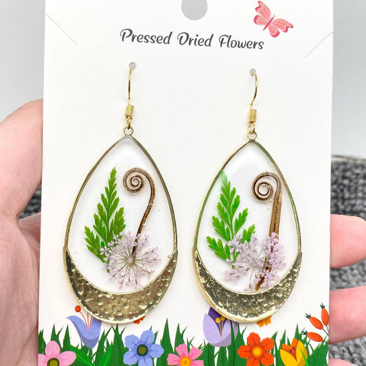 Queen Anne's Lace & Ferns Dried Flowers Drop Earrings