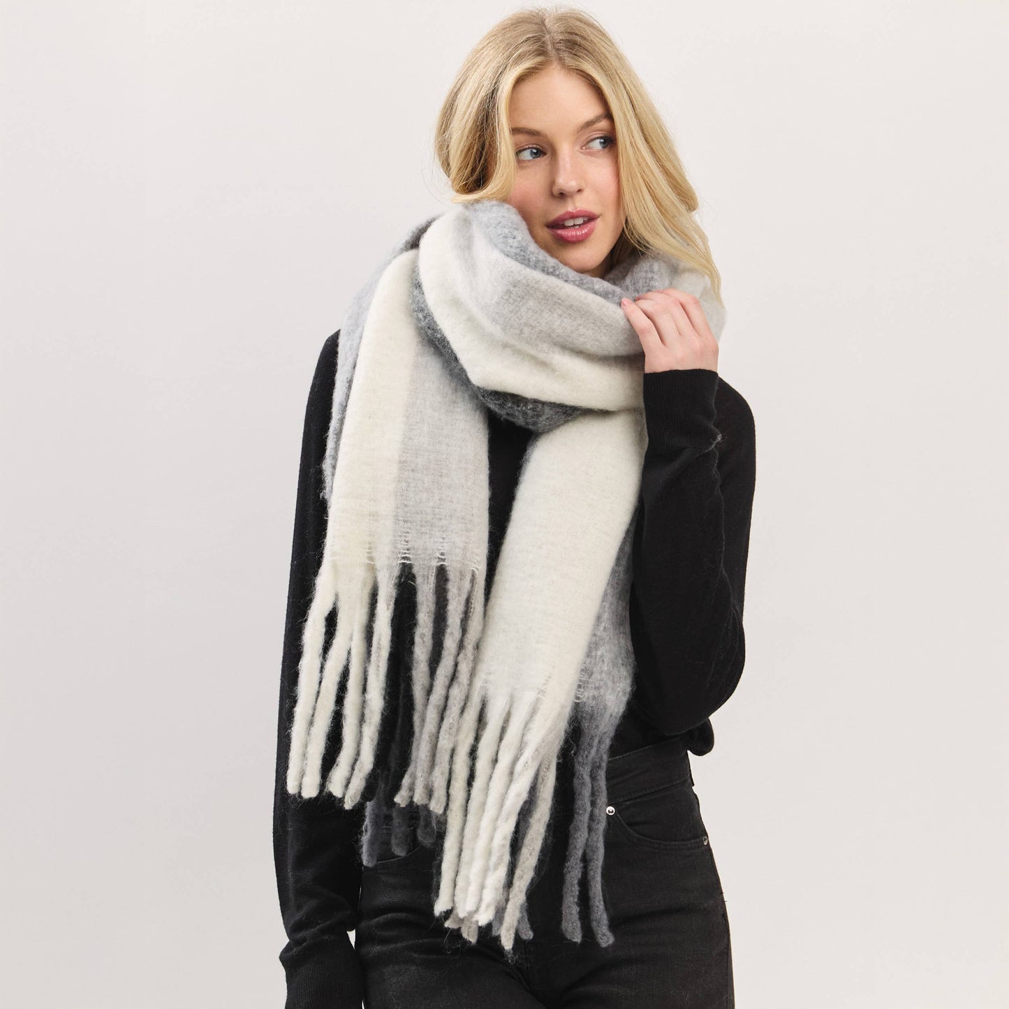 Solid Brushed Color Stripe Block Fringe Scarf