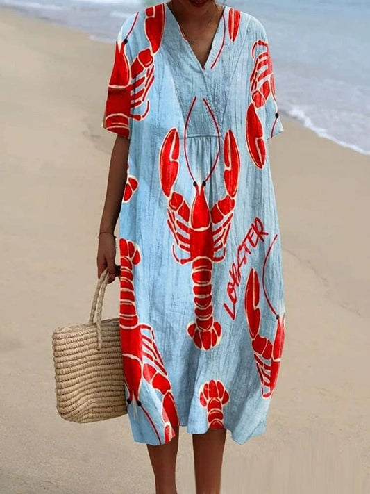 Miracle Ocean lobster Print loose dress short sleeve