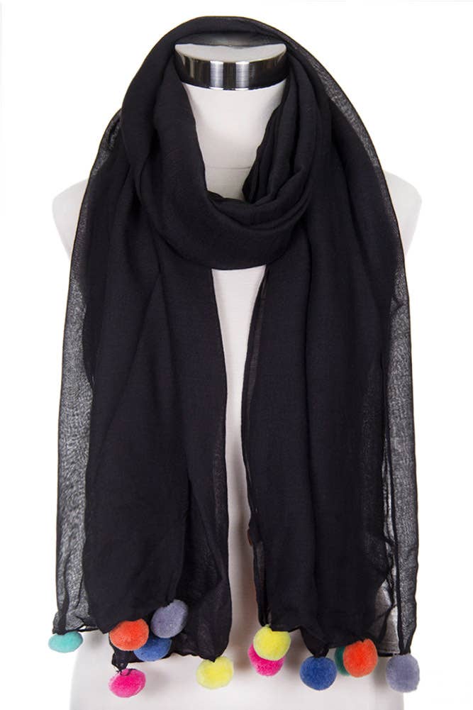 Solid Pom Pom Edge Trim Solid Oblong Scarf