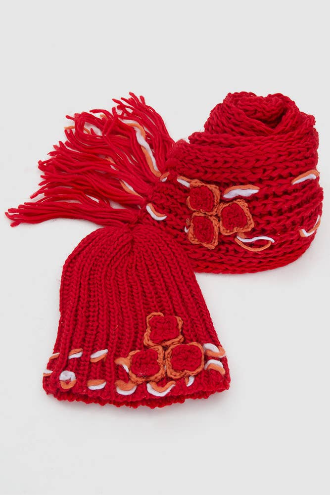 Flowers Knit Beanie Hat and Scarf Set