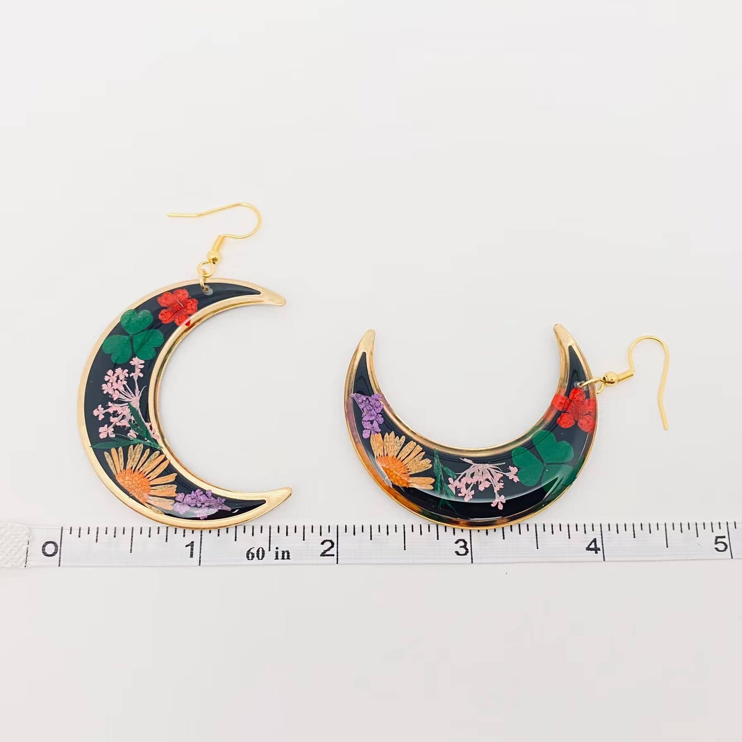 Dried Flowers Floral Large Black Crescent Earrings