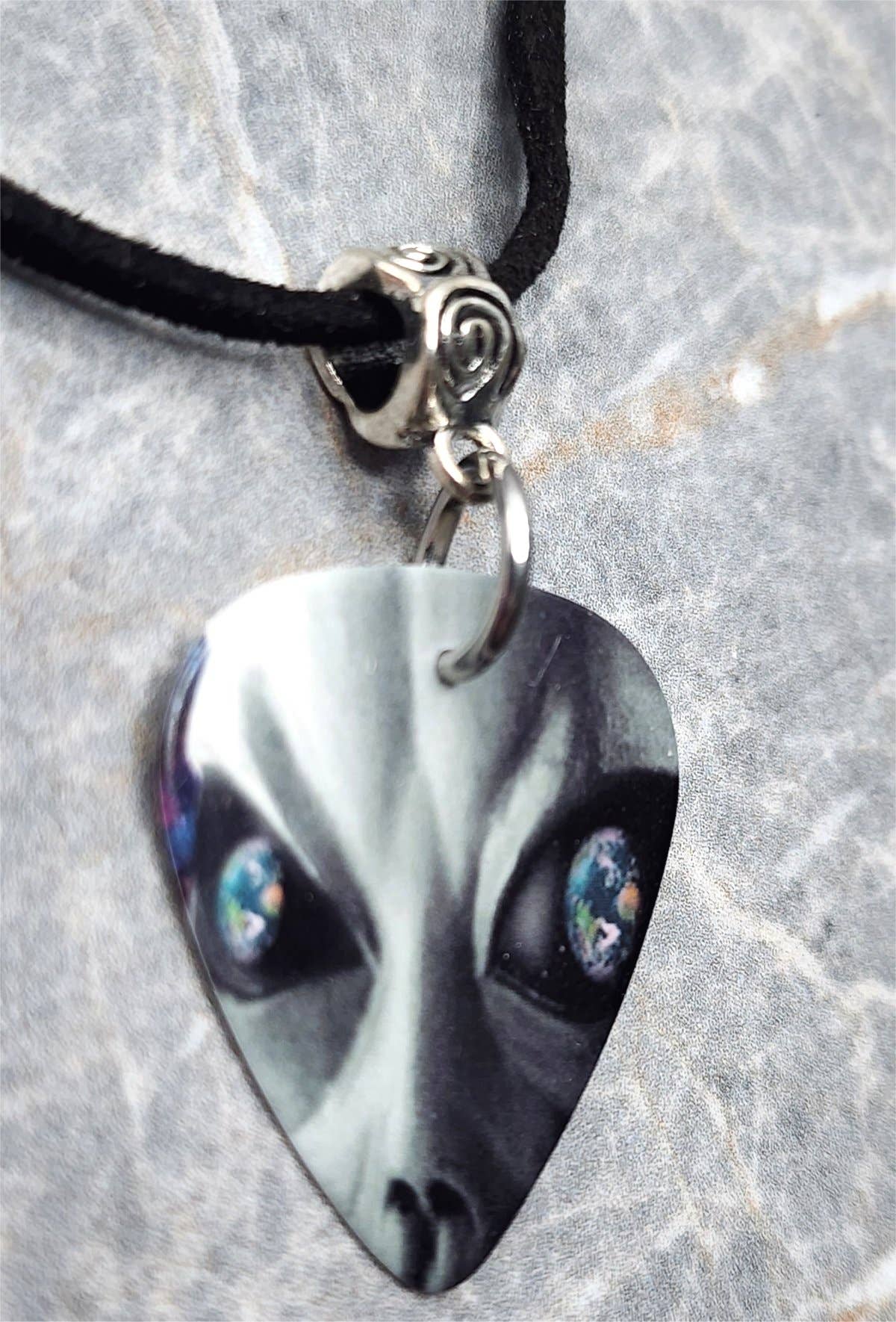 Close Up Mr. Gray Alien Guitar Pick Necklace with Black Cord