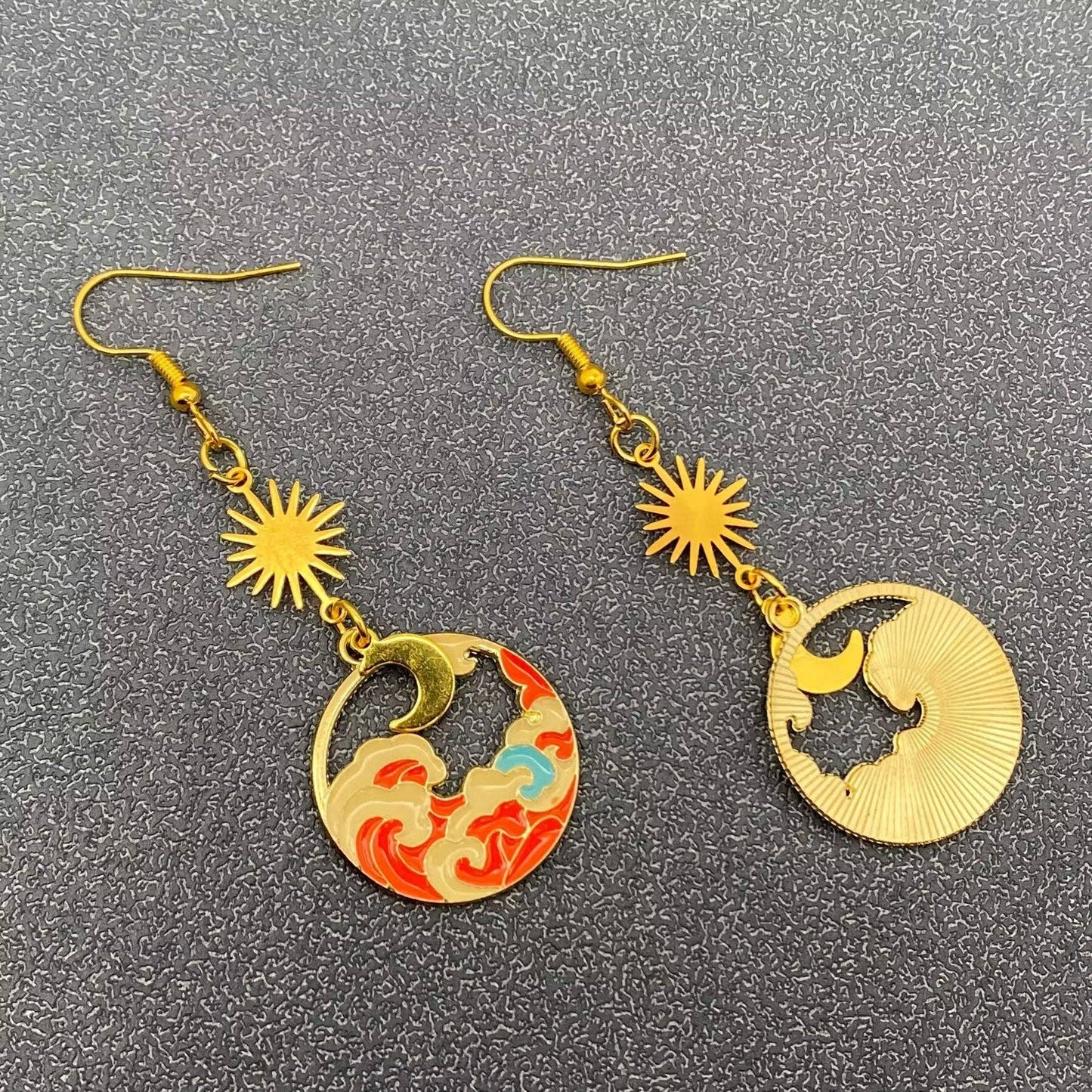 Enamel Cloud Golden Star Moon Dangle Earrings