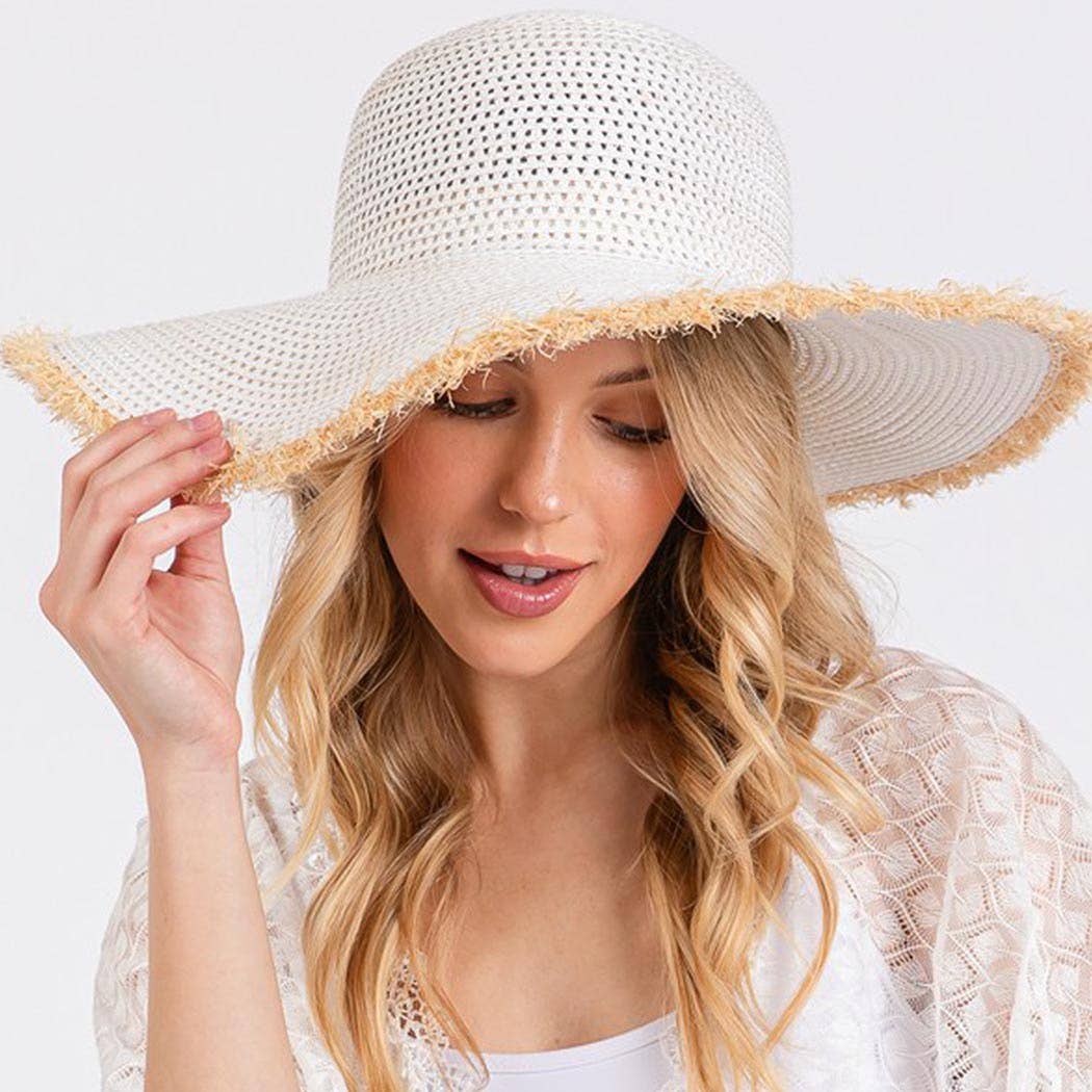 Frayed edge floppy straw hat
