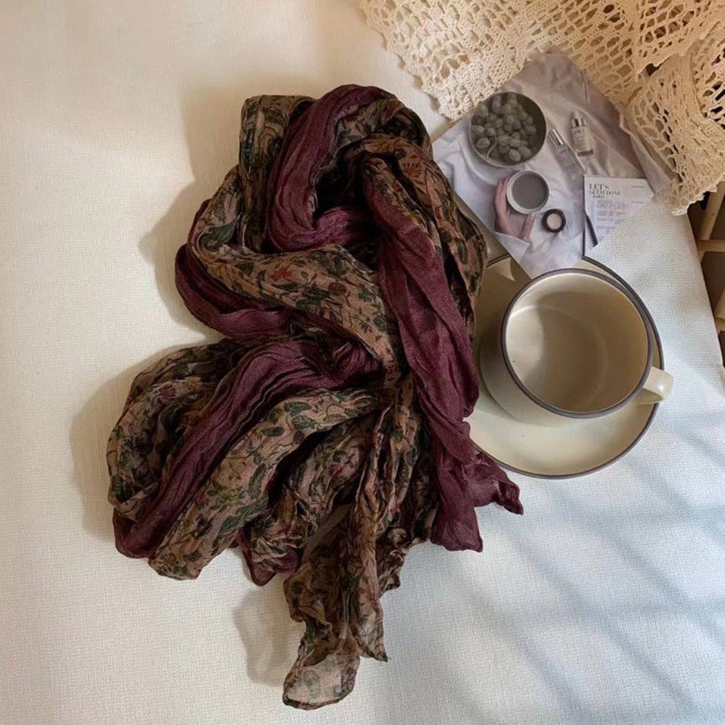 Vintage Floral Pattern Lightweight Ruched Scarf