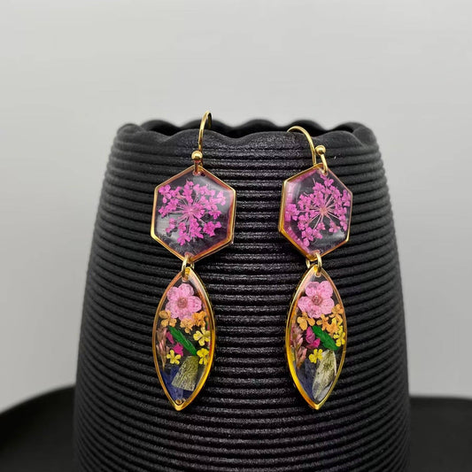 Dried Flowers Floral Geometric 18K Golden SS Earrings