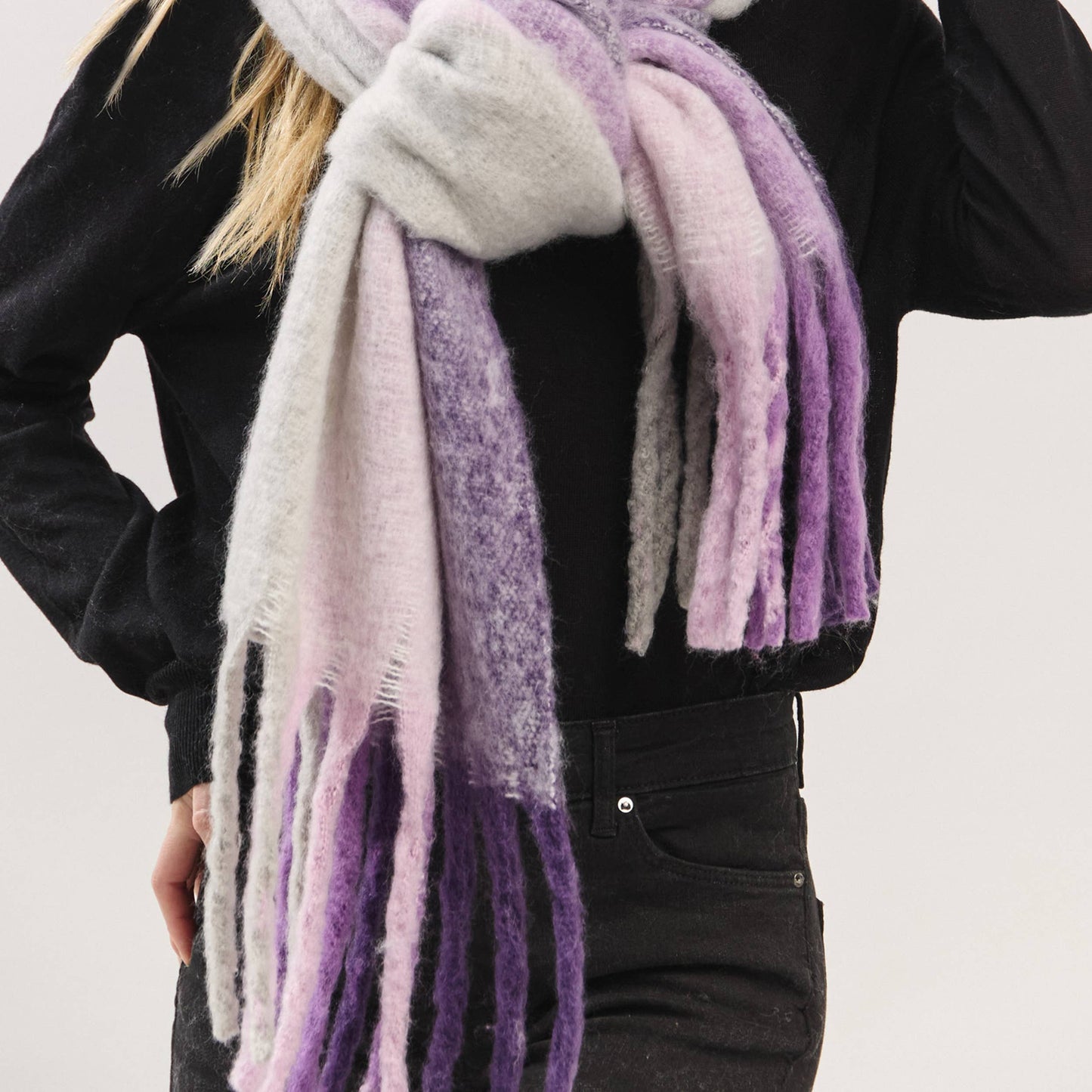 Solid Brushed Color Stripe Block Fringe Scarf