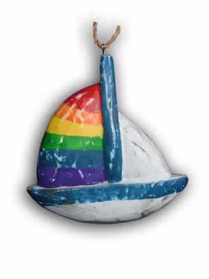 Rainbow sailboat nautical ornament hand carved Gay Pride