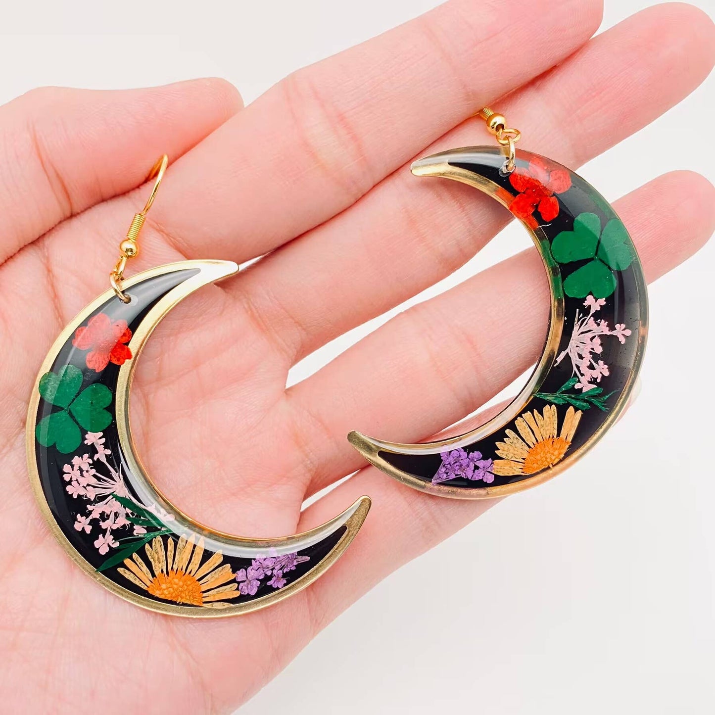 Dried Flowers Floral Large Black Crescent Earrings