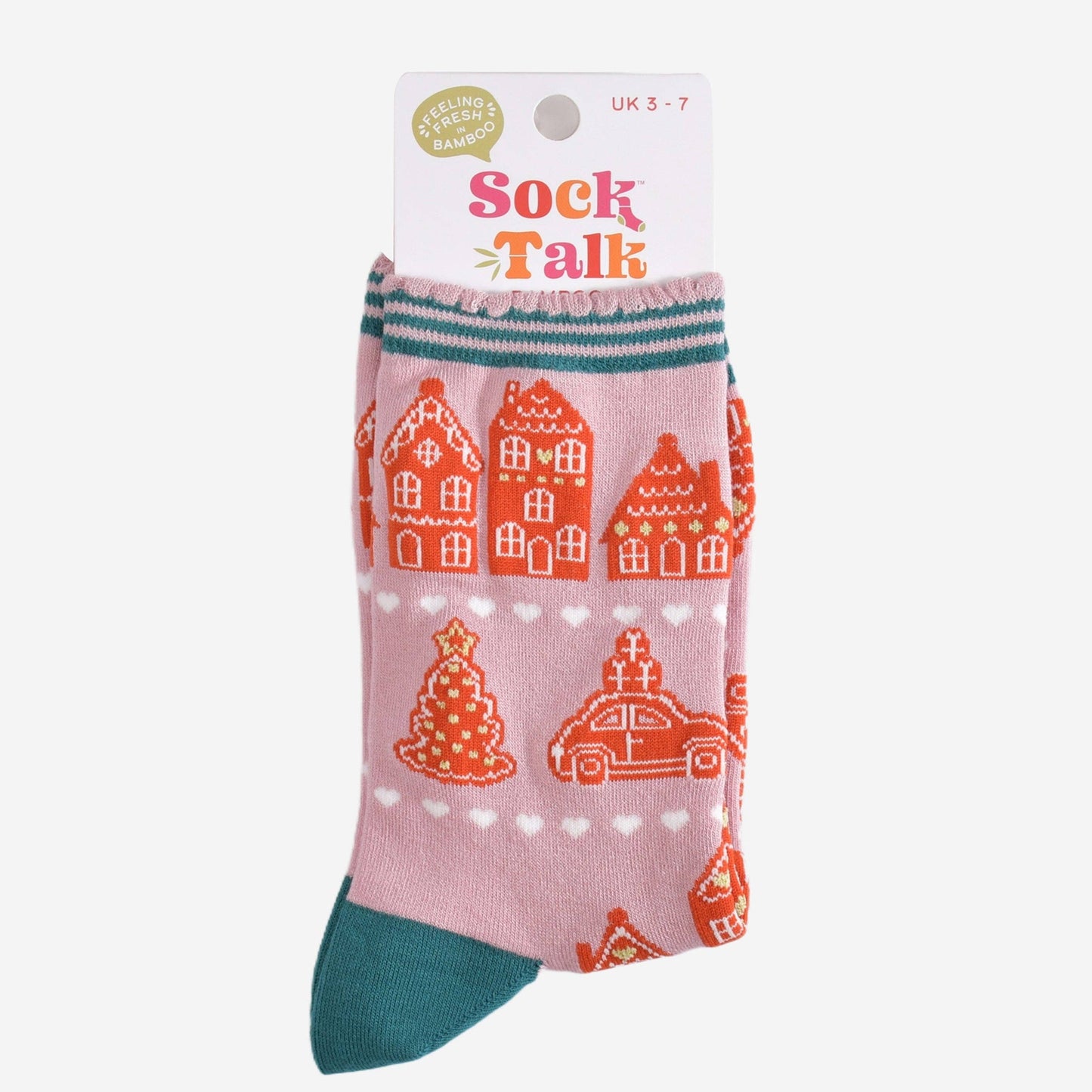 Women's Bamboo Socks - Pink/Green, Gingerbread Village