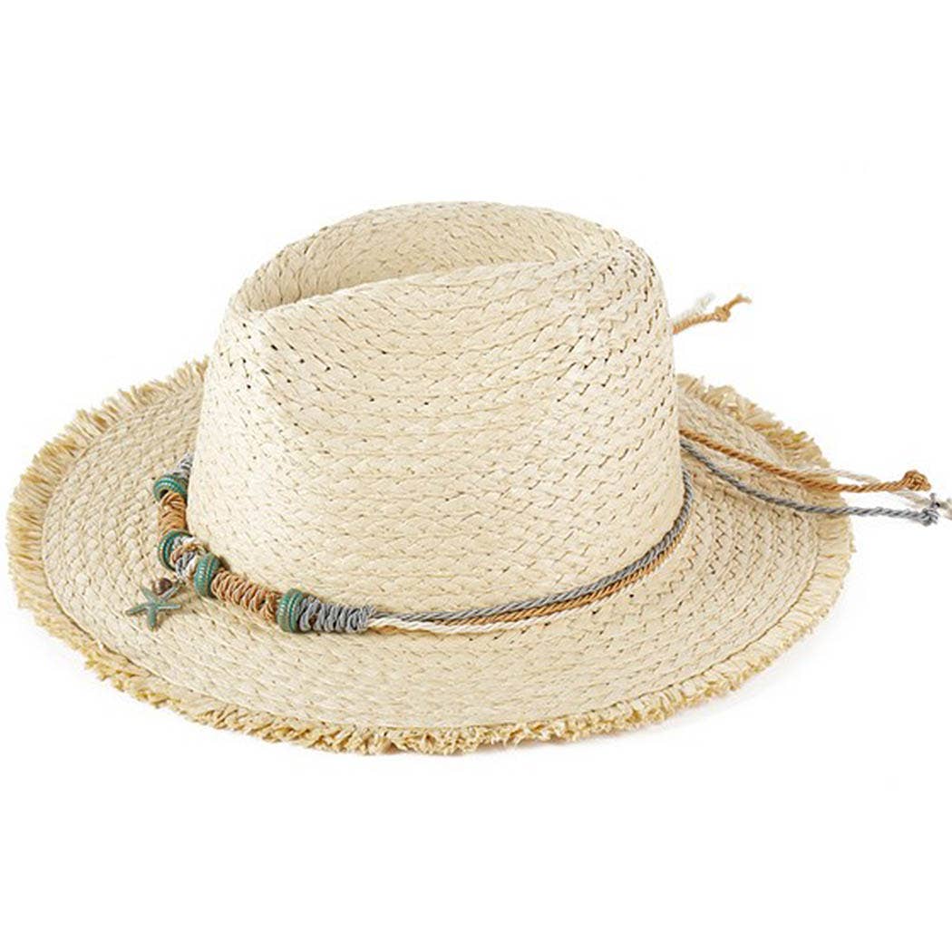 Frayed straw hat with braided starfish