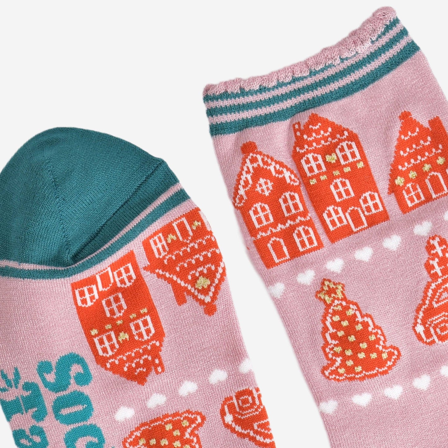Women's Bamboo Socks - Pink/Green, Gingerbread Village
