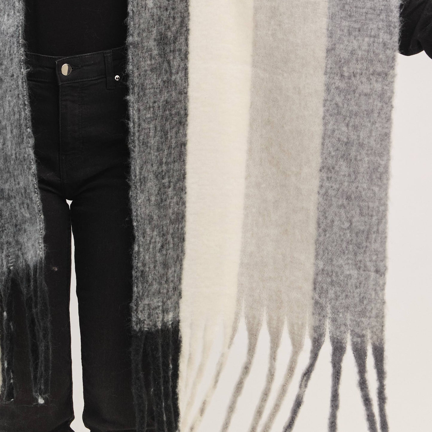 Solid Brushed Color Stripe Block Fringe Scarf