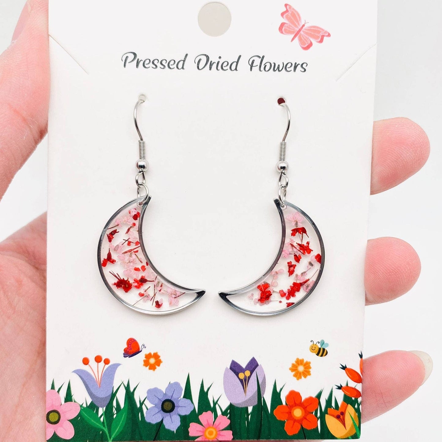 Floral Crescent Moon Pendant Dangle Earrings